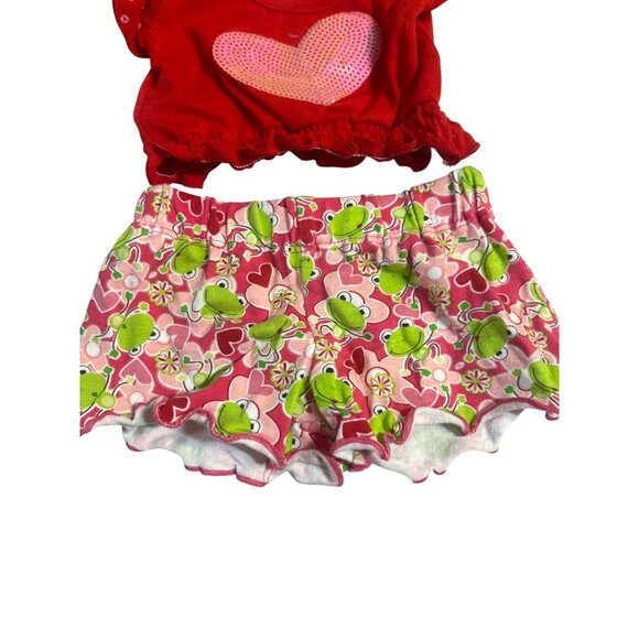 Build-A-Bear Workshop Red Heart Top Frog Print Shorts Set Pink Sequin Teddy Bear - Picture 2 of 4
